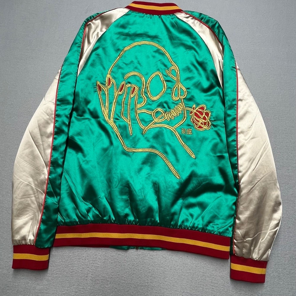 New Urban Outfitters Satin Bomber Jacket Skull RoseEmbroidered Multi Trim Small